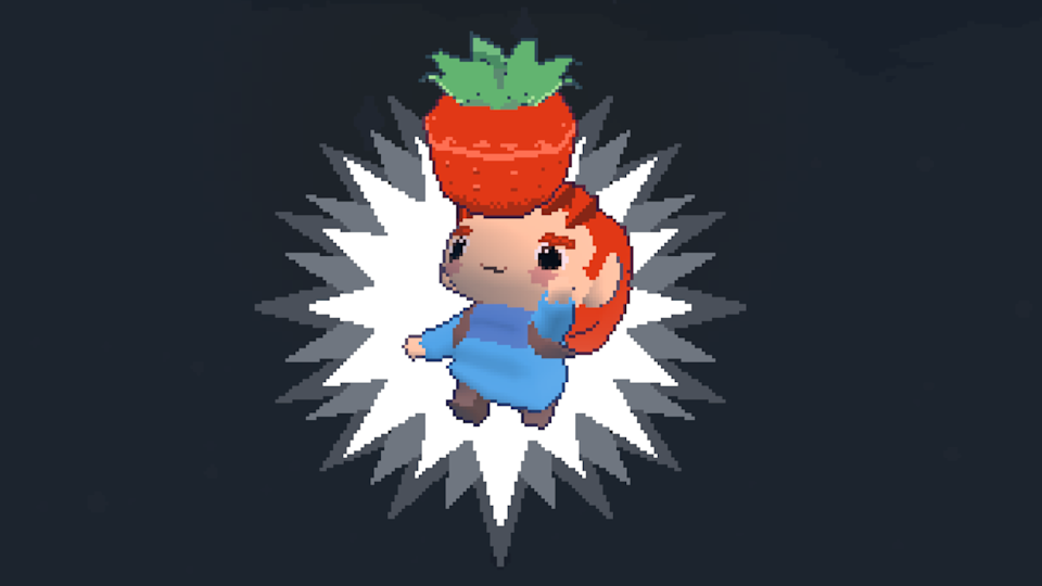  An image of a nintendo-64 styled Madeline, a young adventurous woman in a coat, celebrating her recent find of a strawberry in Celeste 64. 