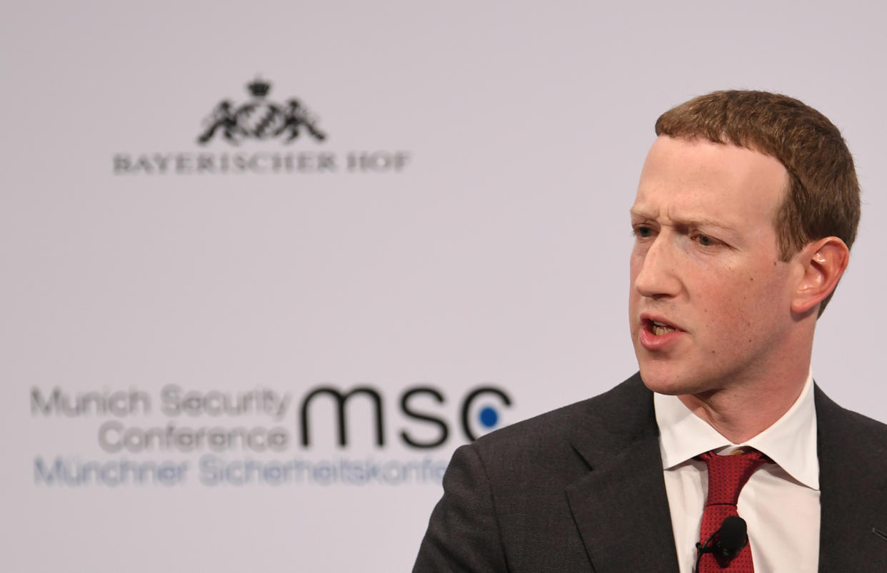 Facebook Chairman and CEO Mark Zuckerberg speaks during the annual Munich Security Conference in Germany, February 15, 2020. REUTERS/Andreas Gebert