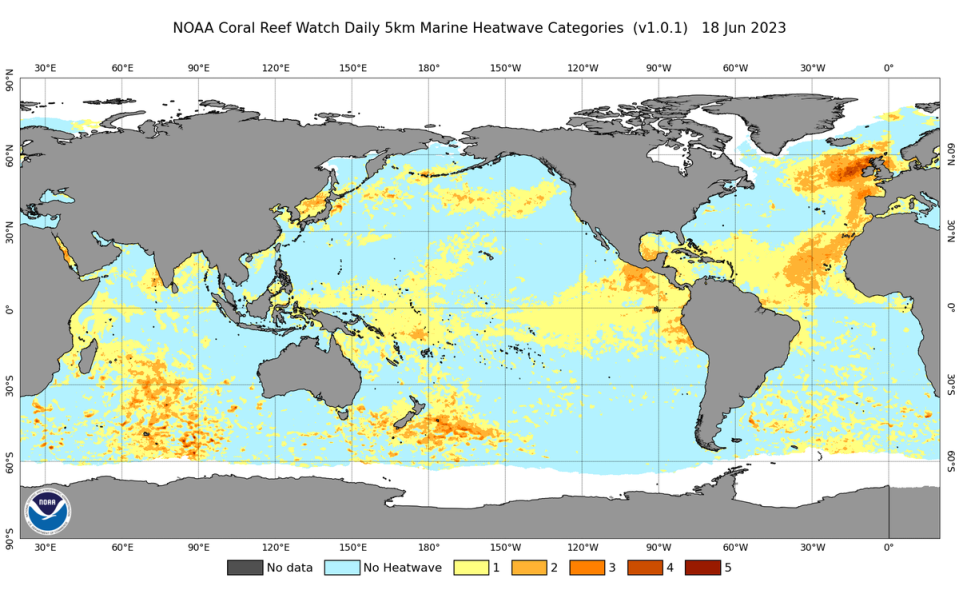 Map of global ocean temperatures by NOAA shows water around the UK hitting category 5 marine heatwave earlier in June (NOAA)