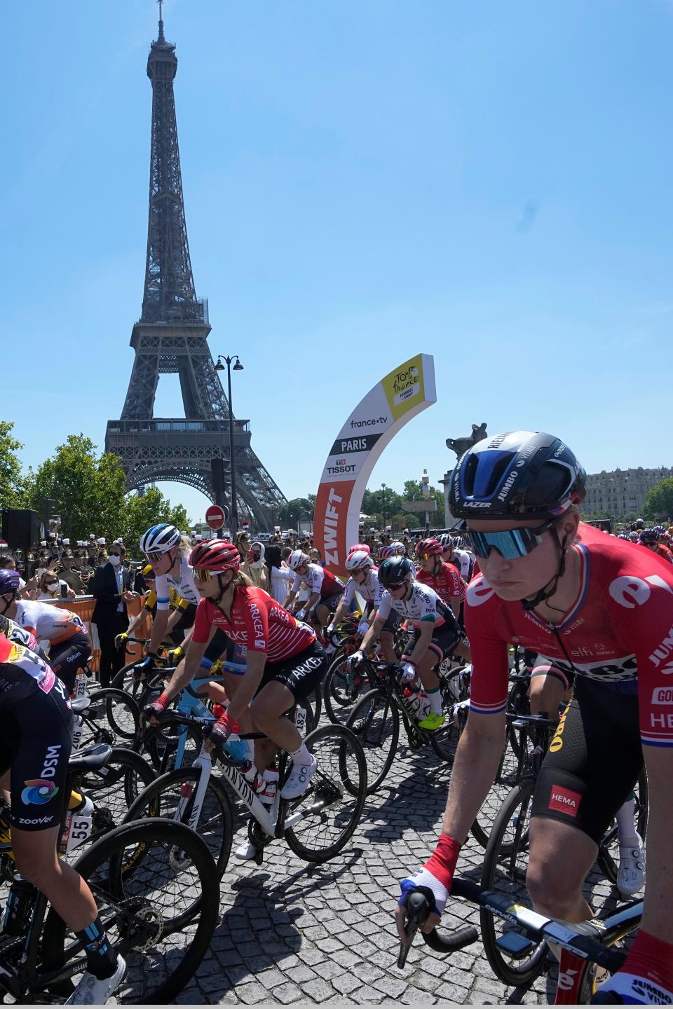 Riders take the start of the first stage of the Tour de France women's cycling race (AP)