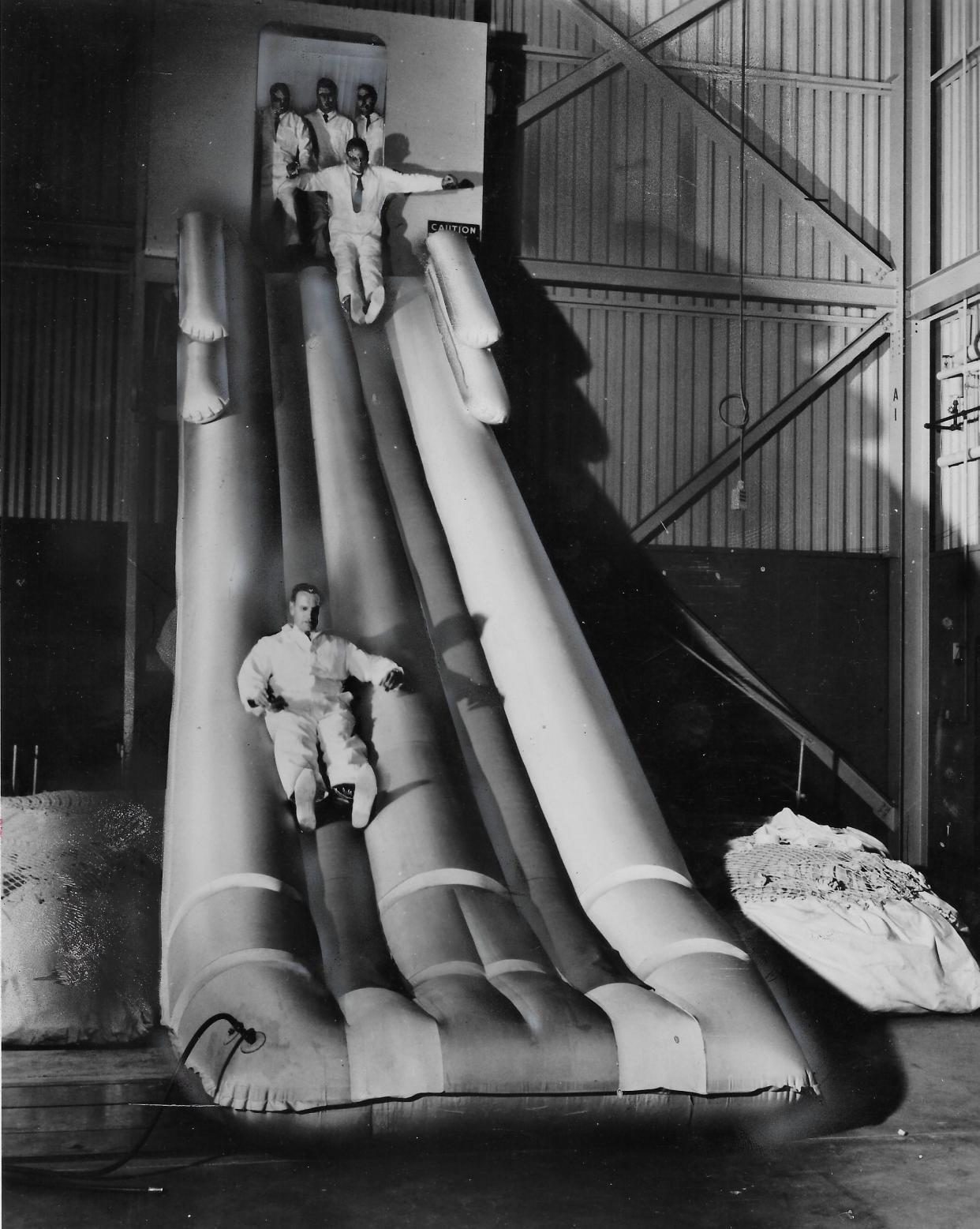 B.F. Goodrich engineers test an inflatable escape slide for a Boeing 747 in 1968. Developed in Akron, the slides were designed to evacuate a jet's passengers and crew in less than 90 seconds.