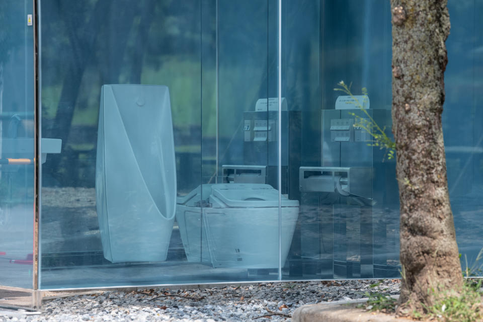 TOKYO, JAPAN - AUGUST 19: A public toilet made of coloured smart glass which turns opaque when the cubicle is locked is pictured on August 19, 2020 in Tokyo, Japan. The toilet, designed by Japanese architect Shigeru Ban, is intended to allow users to check cleanliness and occupancy from the outside and is part of the Tokyo Toilet project which is redesigning 17 of the the Japanese capitals public toilets with different designers. (Photo by Carl Court/Getty Images)