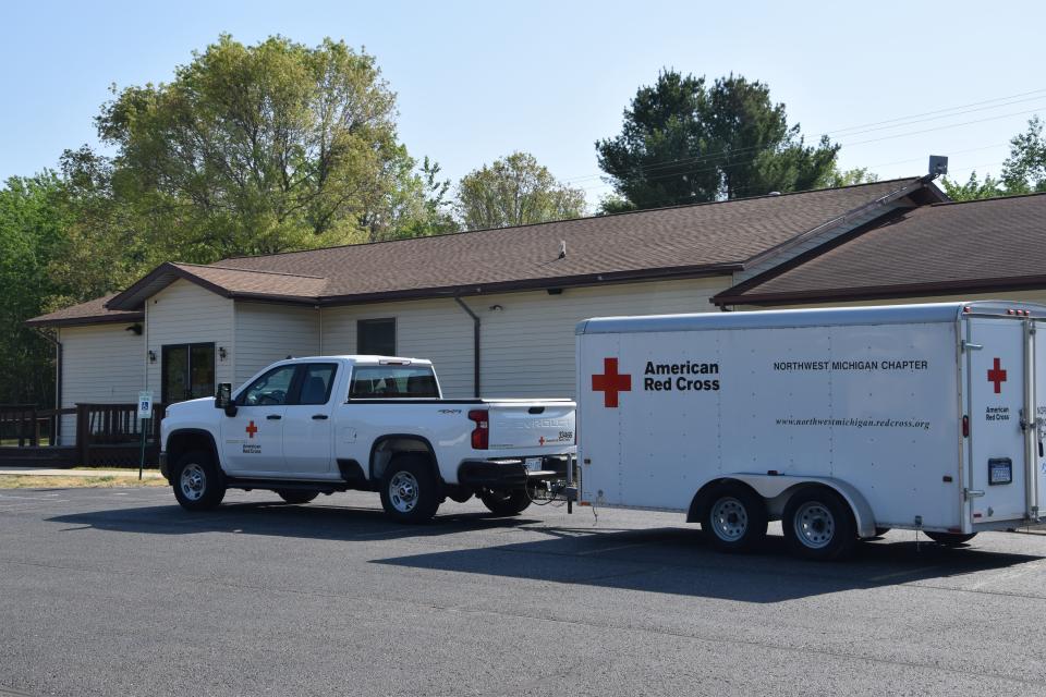 An American Red Cross truck is pictured Sunday at Beaver Creek Township Hall. Red Cross volunteer Dan Cummings said two clients were at the evacuation site following a wildfire in Grayling.