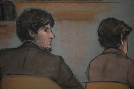 A courtroom sketch shows accused Boston Marathon bomber Dzhokhar Tsarnaev (L) in court on the second day of his trial at the federal courthouse in Boston, Massachusetts March 5, 2015. REUTERS/Jane Flavell Collins