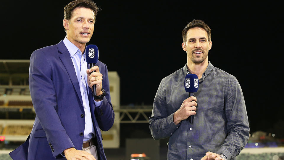 Brendon Julian and Mitchell Johnson, pictured here in commentary for Fox Sports in 2018.