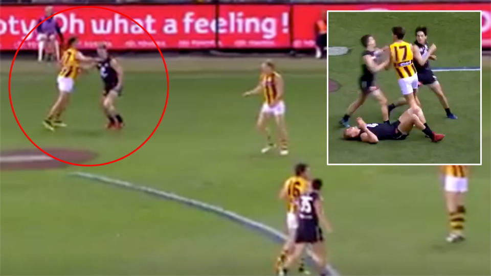 Hawthorn’s Howe could be in trouble for this incident involving Cripps. Pic: Fox Sports