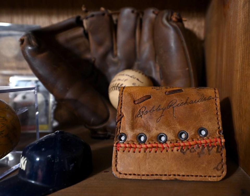 A wallet made from the leather of a baseball glove is among the mementos New York Yankees second baseman Bobby Richardson has kept in his collection. During Richardson’s career with the Yankees, he was a five time Gold Glove Award winner appearing in eight all star games and winning the World Series MVP in 1960 despite the team’s losing to the Pittsburgh Pirates. He was a three-time World Series champion. After his career he became a college baseball coach with the University of South Carolina, Coastal Carolina and Liberty Universities.