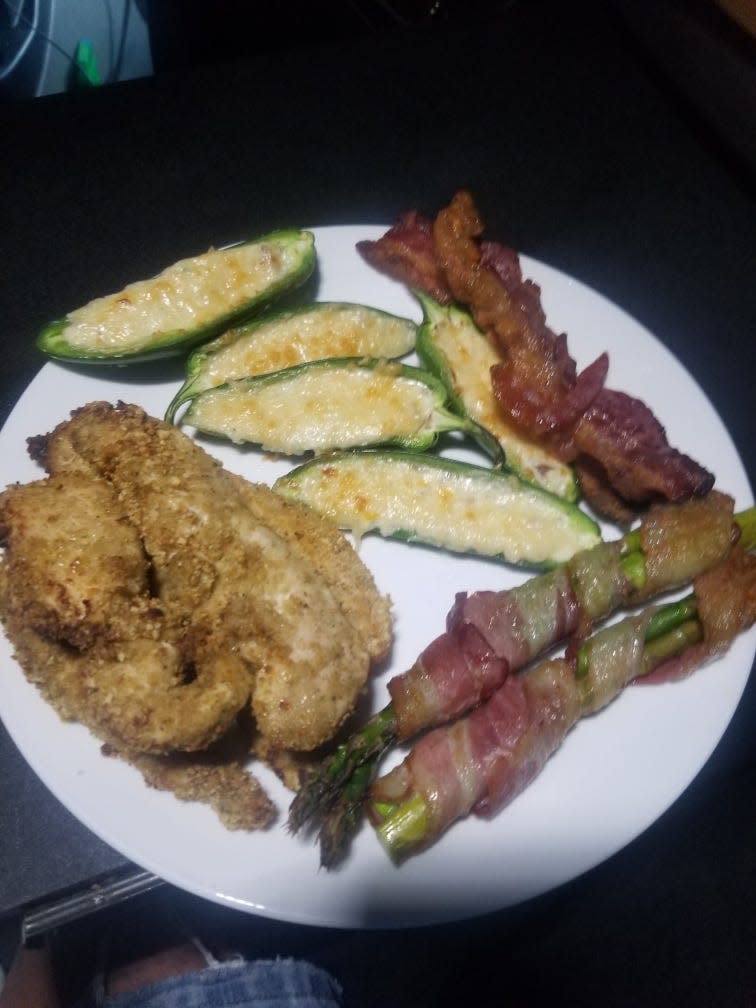 Leftover chicken tenders, bacon wrapped asparagus, and jalapeño poppers.