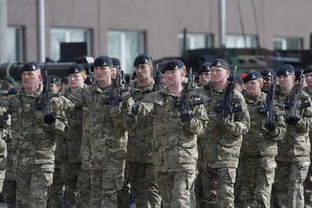 British soldiers during the official ceremony welcoming the deployment of a multi-national NATO battalion in Tapa, Estonia, April 20, 2017. REUTERS/Ints Kalnins