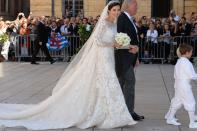 <p>Princess Claire wore a long-sleeve Elie Saab gown covered entirely in lace for her marriage to <span class="redactor-unlink">Prince Félix.</span></p>