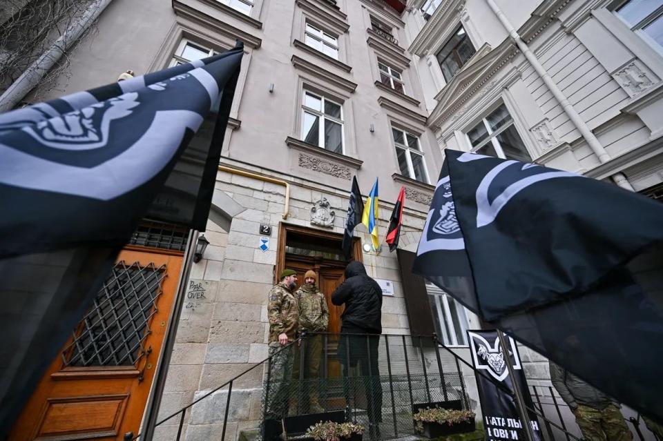 The first recruiting center of the 1st Separate Battalion "Da Vinci Wolves" named after its late commander Dmytro Kotsiubailo opens in Lviv, Ukraine. (Smolienko/Future Publishing via Getty Images)