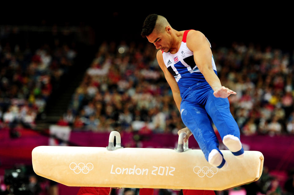 Louis Smith of Great Britain competes in the pommel horse for the qualification of the Artistic Gymnastics Men's Team on day one of the London 2012 Olympic Games at North Greenwich Arena on July 28, 2012 in London, England. (Photo by Mike Hewitt/Getty Images)