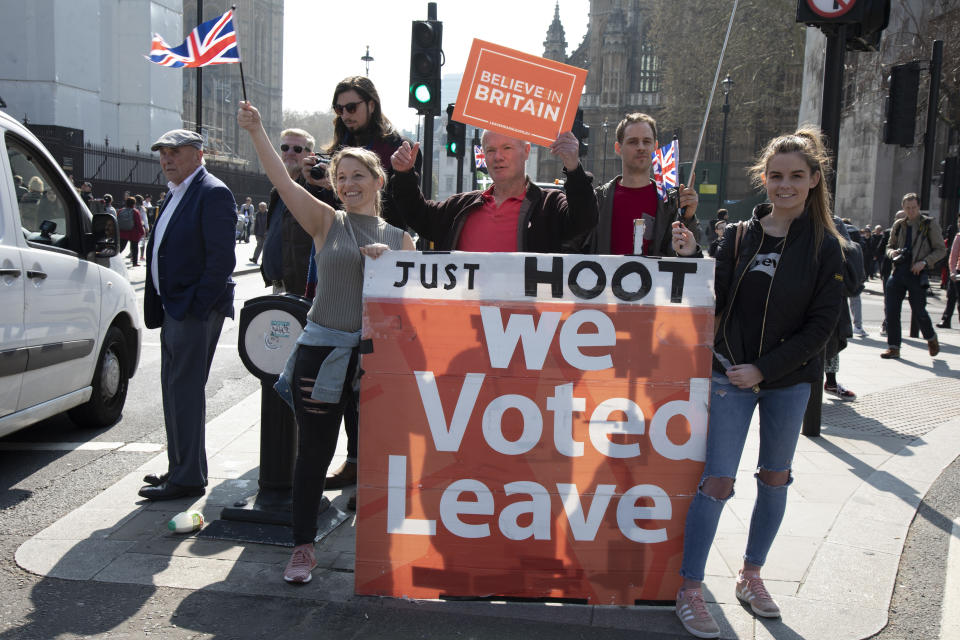 Thousands of Leave supporters gathered in Parliament Square to protest against the delay to Brexit, on the day the UK had been due to leave the EU on 29th March 2019 in London, United Kingdom. As parliament debated and voted inside the commons, rejecting the Withdrawal Agreement again, outside in Westminster various groups of demonstrators including the Yellow Jackets, Leave Means Leave supporters and the Democratic Football Lads Alliance, gathered to voice their wish to leave the European Union, and their frustration that Brexit is not being delivered, waving Union flags and Believe in Britain placards. (photo by Mike Kemp/In Pictures via Getty Images)