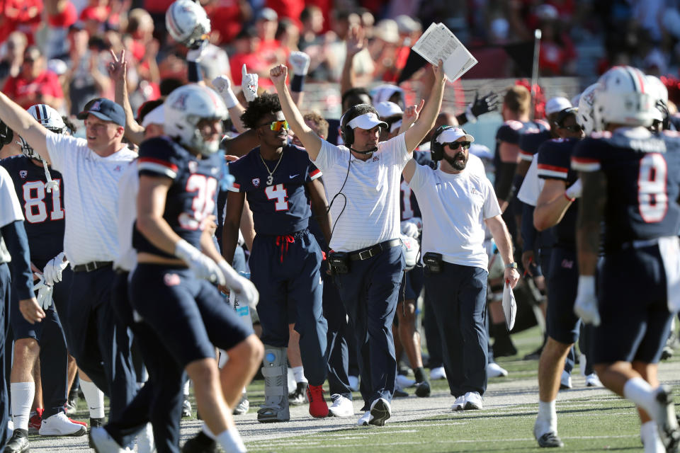 TUCSON, AZ - NOVEMBER 06: University of Arizona Wildcats head coach celebrates his first win near the end of the second half of a football game between the University of California Golden Bears and the University of Arizona Wildcats on November 6, 2021 at Arizona Stadium in Tucson, AZ. (Photo by Christopher Hook/Icon Sportswire via Getty Images)