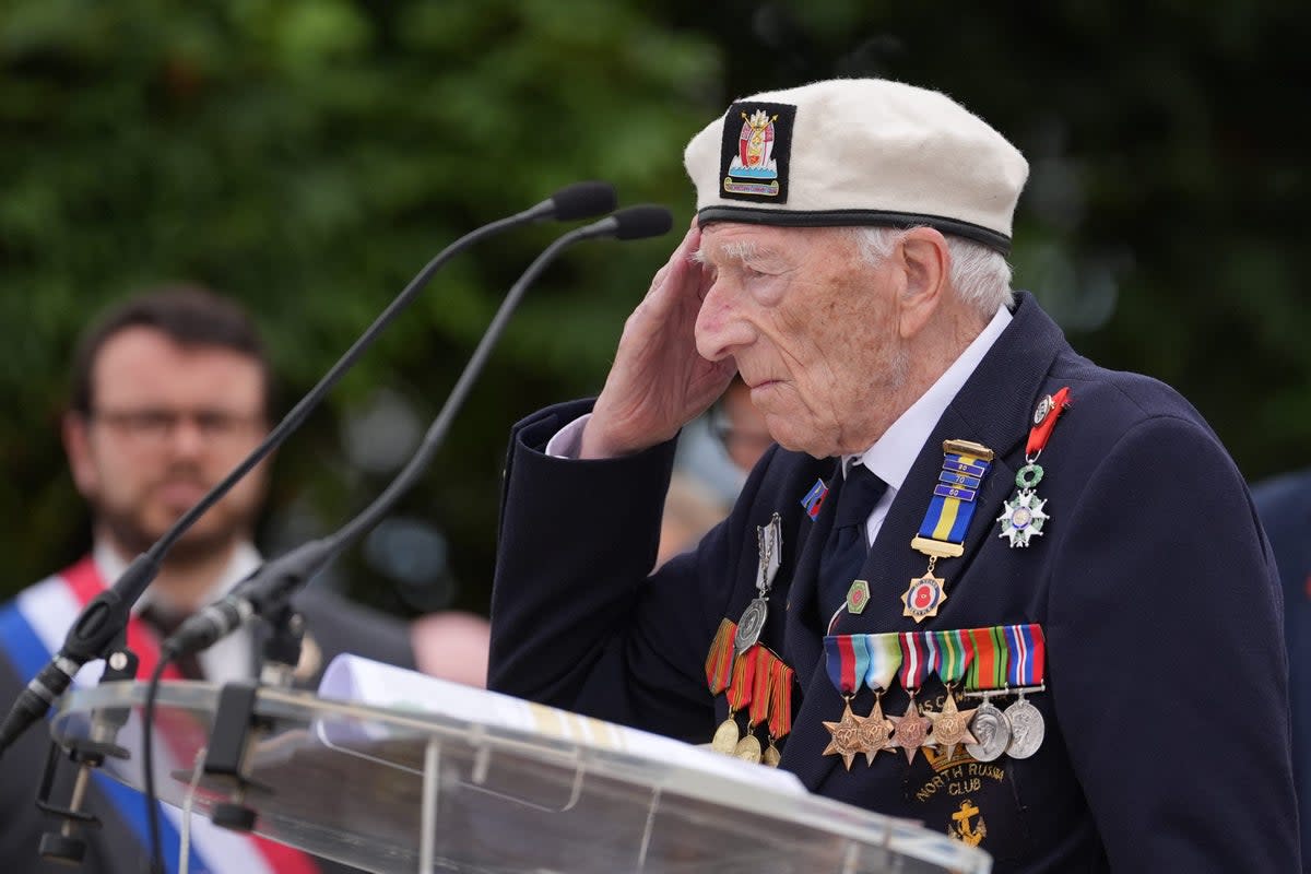 D-Day veteran Alec Penstone, 98, salutes as he speaks at the statue of Field Marshal Montgomery during the Spirit of Normandy Trust service in Coleville-Montgomery, France, ahead of the 80th anniversary of D-Day (Gareth Fuller/PA) (PA Wire)