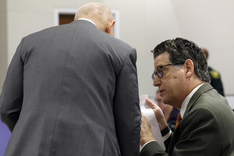 Assistant state attorneys Mike Satz, left, and Jeff Marcus speak during the penalty phase of the trial of Marjory Stoneman Douglas High School shooter Nikolas Cruz at the Broward County Courthouse in Fort Lauderdale, Fla., Thursday, Sept. 1, 2022. Cruz previously plead guilty to all 17 counts of premeditated murder and 17 counts of attempted murder in the 2018 shootings. (Amy Beth Bennett/South Florida Sun Sentinel via AP, Pool)