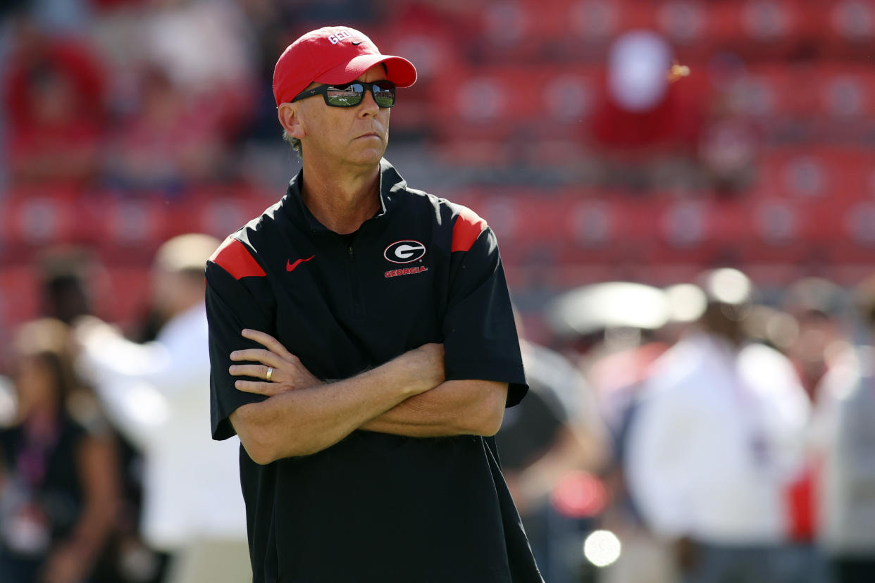 FILE - Georgia offensive coordinator Todd Monken watches before an NCAA college football game against Vanderbilt on Oct. 15, 2022 in Athens, Ga. The Baltimore Ravens have hired Monken to be their offensive coordinator, the team announced Tuesday, Feb. 1 4, 2023. (AP Photo/Brett Davis, File)