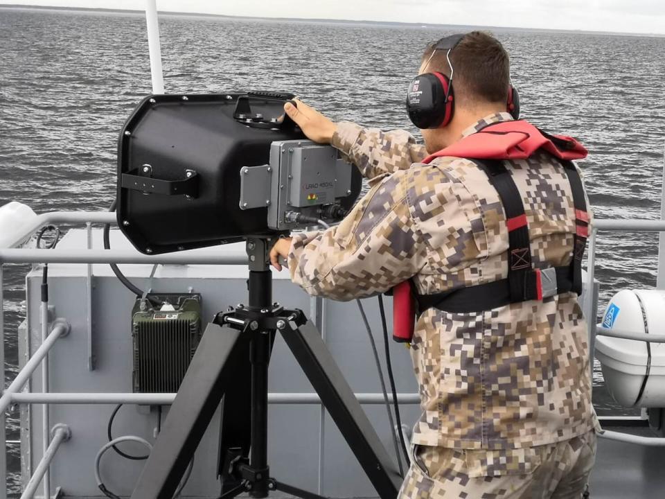 The training exercise used the Genasys LRAD 450XL, a tactical speaker system that can be heard more than 1,600 metres away. The speaker is seen here mounted to a boat. 