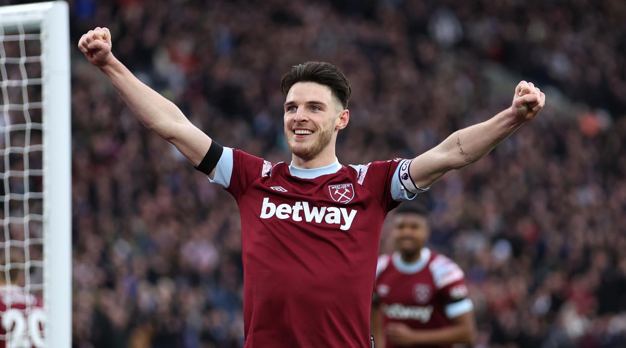  Manchester City rumoured transfer target Declan Rice celebrates during the Premier League match between West Ham United and Chelsea at the London Stadium on 11 February, 2023 in London, United Kingdom. 