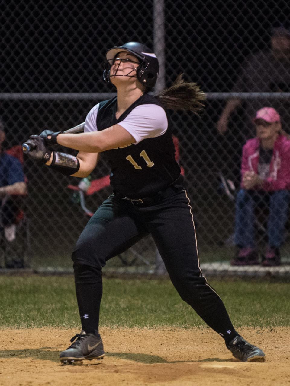 Gray's Creek's Sarah Watson hits a home run with bases loaded during the 4th inning against Lee County on Thursday, April 3, 2014 at Gray's Creek High School.