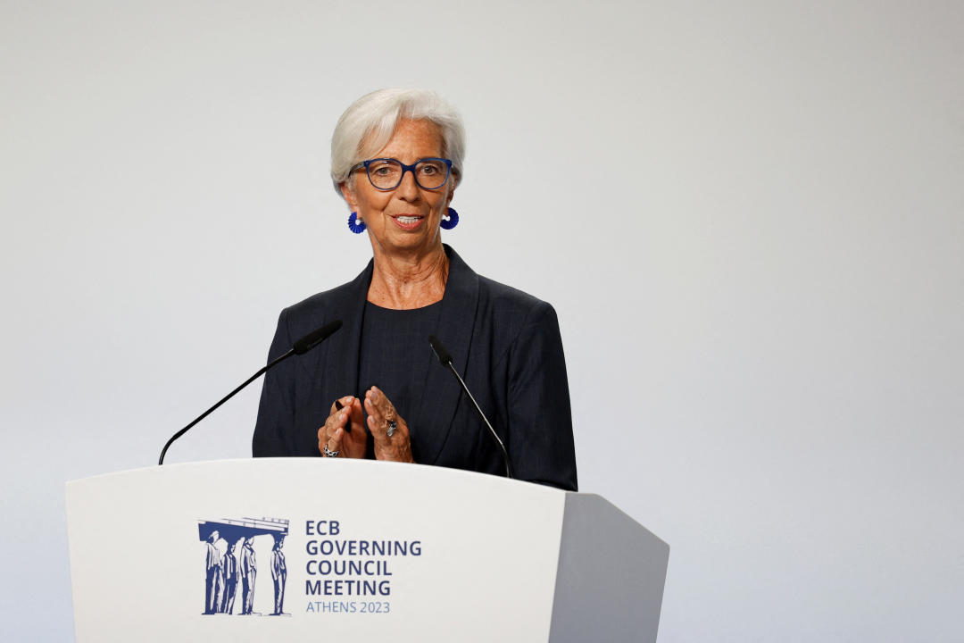 European Central Bank (ECB) President Christine Lagarde speaks to reporters following the ECB Governing Council's monetary policy meeting, in Athens, Greece October 26, 2023. REUTERS/Louiza Vradi