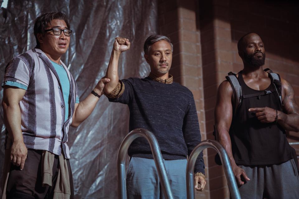 Ron Yuan (far left), Alain Uy and Mykel Shannon Jenkins play middle-aged guys returning to their kung fu roots in the action comedy "The Paper Tigers."