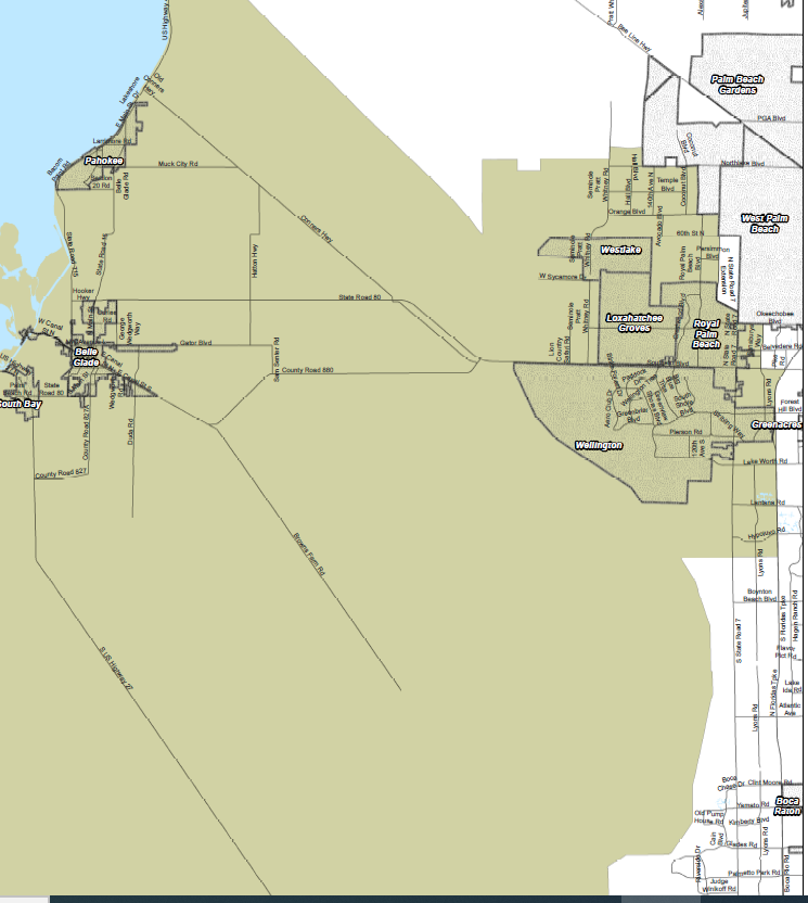 Map shows boundaries for District 6 in Palm Beach County, the seat that Democrat Michelle Oyola McGovern and Republican Sara Baxter are seeking.