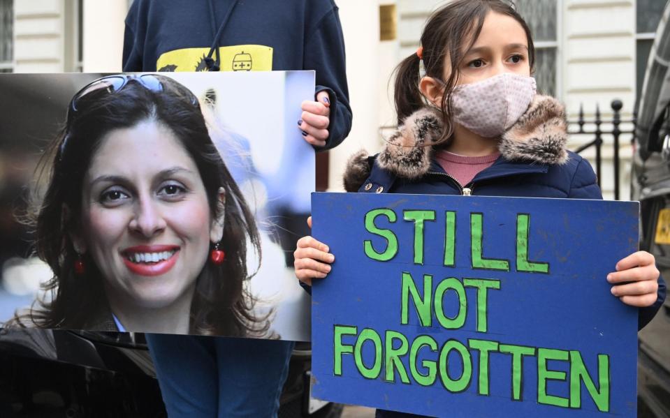 Nazanin Zaghari-Ratcliffe's daughter, Gabriella, campaigns for her mother's release - FACUNDO ARRIZABALAGA/EPA-EFE/Shutterstock