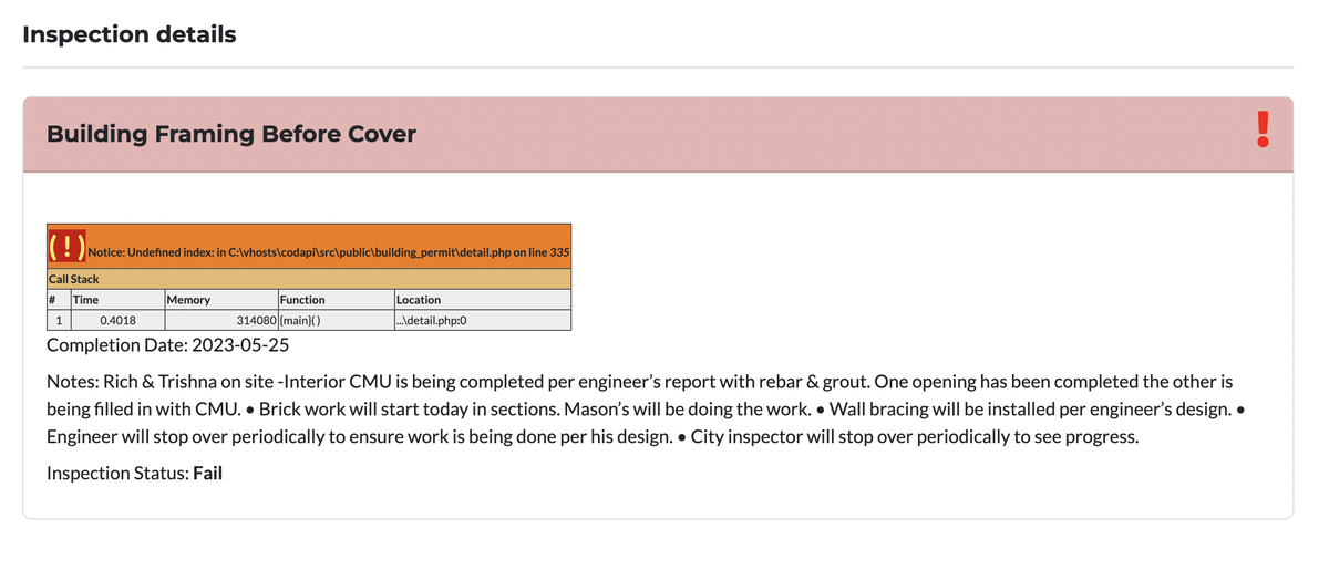 One of the permits appeared to go from approved to failed after the collapse (City of Davenport)