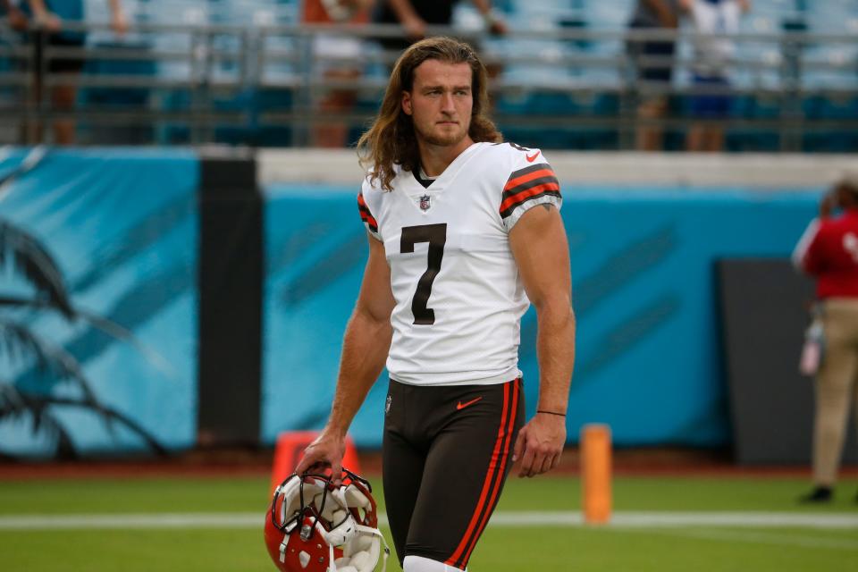 Cleveland Browns punter Jamie Gillan (7) during warm ups before an NFL preseason football game against the Jacksonville Jaguars, Saturday, Aug. 14, 2021, in Jacksonville, Fla. (AP Photo/Stephen B. Morton)