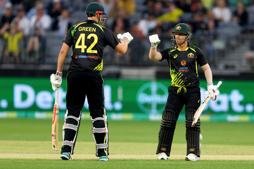 Cameron Green, pictured here opening the batting with David Warner in the first T20 between Australia and England.