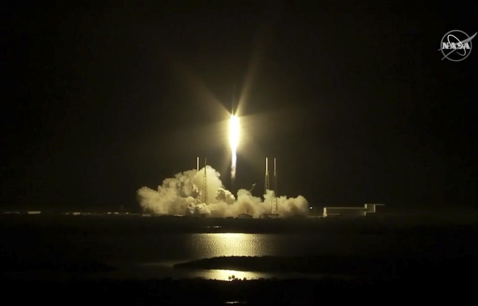 In this image taken from NASA Television, a SpaceX Falcon rocket carrying a load of supplies lifts off from Cape Canaveral, Fla. Saturday. May, 4. 2019. SpaceX launched Saturday to the International Space Station, running at full power following repairs. (NASA TV via AP)