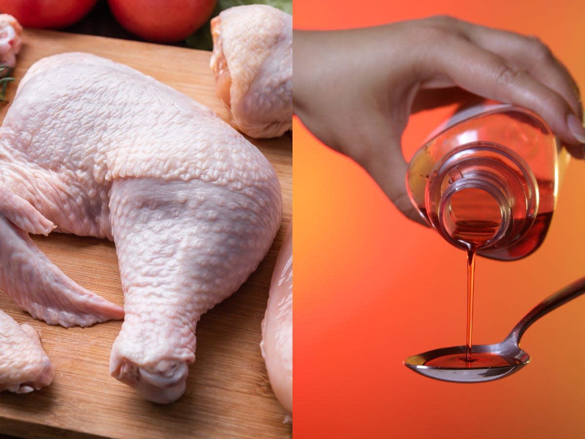 a composite image with a raw chicken next to a woman pouring NyQuil into a spoon