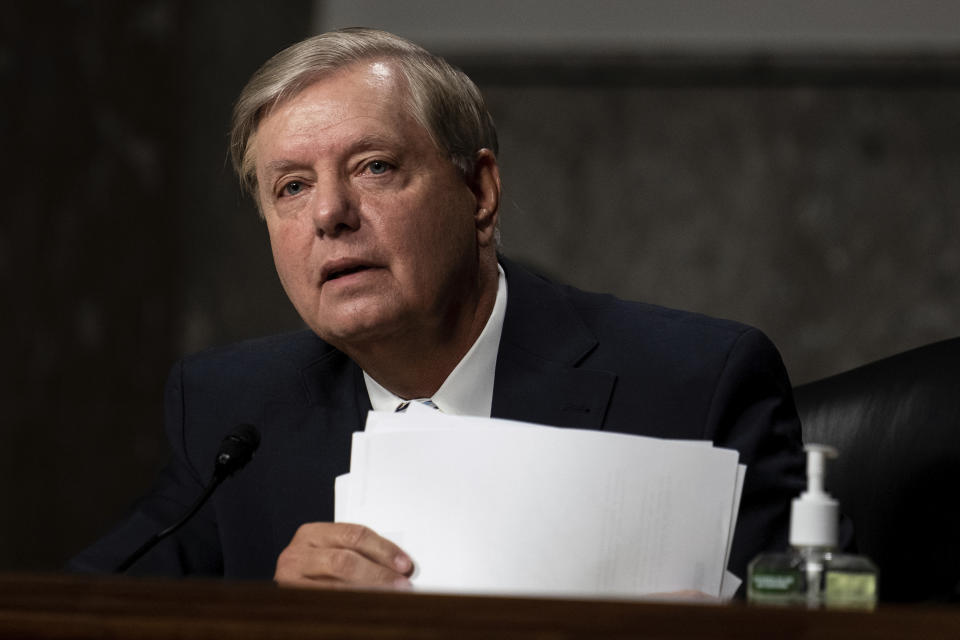 Senate Judiciary Committee chairman Sen. Lindsey Graham, R-S.C., speaks during a Senate Judiciary Committee oversight hearing on Capitol Hill in Washington, in a Wednesday, Aug. 5, 2020, file photo, to examine the Crossfire Hurricane investigation. November may be Graham's toughest test yet as he seeks re-election and explains to voters how, as the Senate Judiciary Committee chairman, he will push for Trump’s Supreme Court nominee on the president’s aggressive timetable, when he recently was so opposed to that approach.(Erin Schaff/The New York Times via AP, Pool, File)