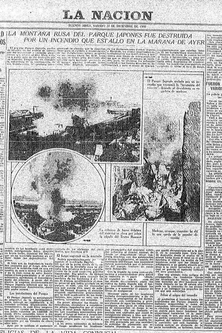 La Nación informaba sobre el incendio del Parque Japonés el 27 de diciembre de 1930