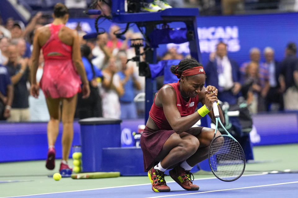 Coco Gauff, of the United States, reacts after defeating Aryna Sabalenka, of Belarus, in the women's singles final of the U.S. Open tennis championships, Saturday, Sept. 9, 2023, in New York. (AP Photo/Manu Fernandez)