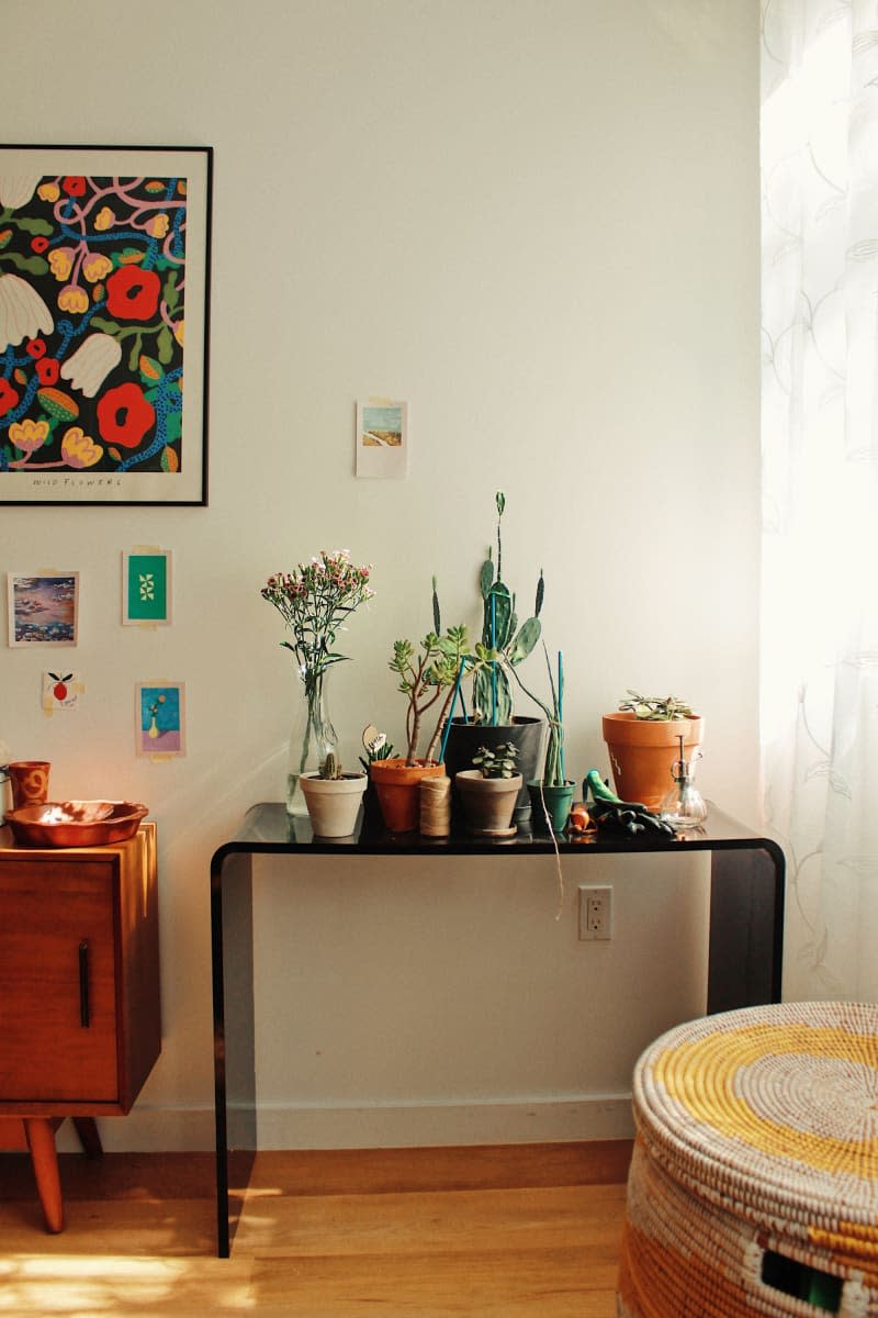 Living room with black table, planters, and wall of decorative art.