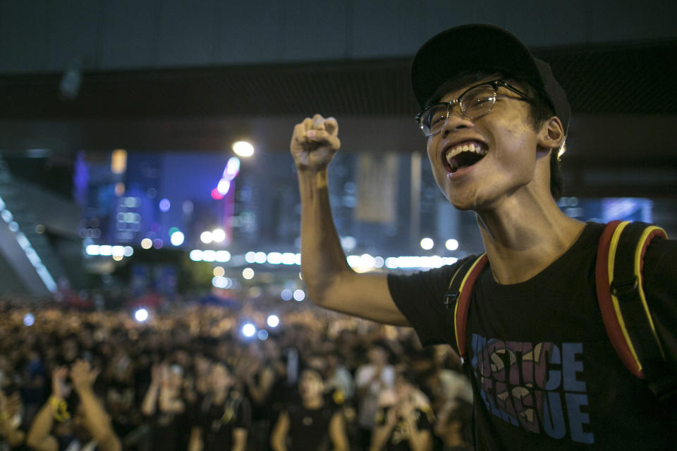 Student protesters chant pro democracy slogans on the streets on September 30, 2014 in Hong Kong, Hong Kong. (Paula Bronstein/Getty Images)