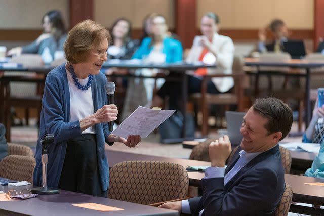 <p>Michael Schwarz, The Carter Center</p> The 2019 Rosalynn Carter Georgia Mental Health Forum, where the former first lady speaks as her grandson, Jason Carter, laughs