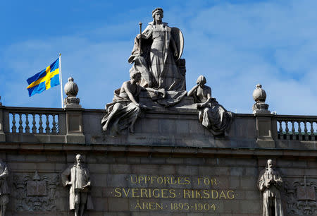 FILE PHOTO: The Swedish flag flutters next to the Riksdag, the Swedish Parliament, in Stockholm, Sweden, May 7, 2017. REUTERS/Ints Kalnins/File Photo