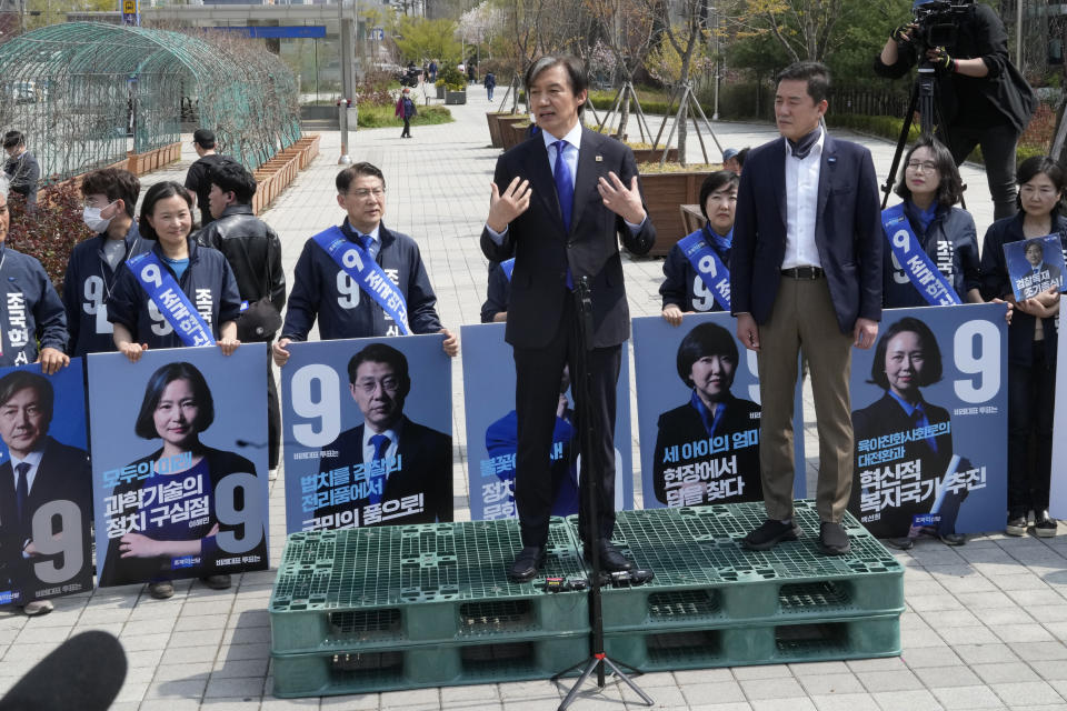 Cho Kuk, leader of the South Korean Rebuilding Korea Party, speak during a campaign rally for the upcoming parliamentary election in Seoul, South Korea, Thursday, April 4 2024. As South Koreans prepare to vote for a new 300-member parliament next week, many are choosing their livelihoods and other domestic topics as their most important election issues. This represents a stark contrast from past elections, which were overshadowed by security and foreign policy issues like North Korean nuclear threats and the U.S. security commitment. (AP Photo/Ahn Young-joon)