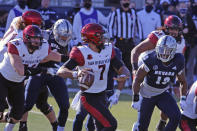 San Diego State quarterback Kaegun Williams (7) looks to throw against Nevada during the first half of an NCAA college football game Saturday, Nov. 21, 2020, in Reno, Nev. (AP Photo/Lance Iversen)