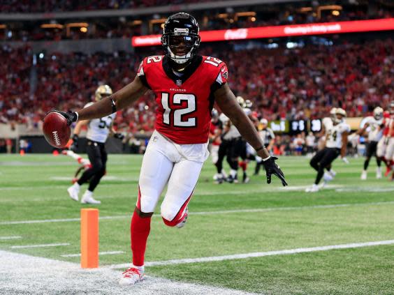 Mohamed Sanu scores a touchdown vs the New Orleans Saints (Getty Images)