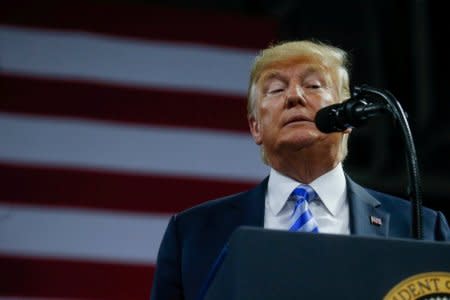 FILE PHOTO:    U.S. President Donald Trump speaks at a Make America Great Again rally at the Civic Center in Charleston, West Virginia, U.S., August 21, 2018.    REUTERS/Leah Millis/File Photo