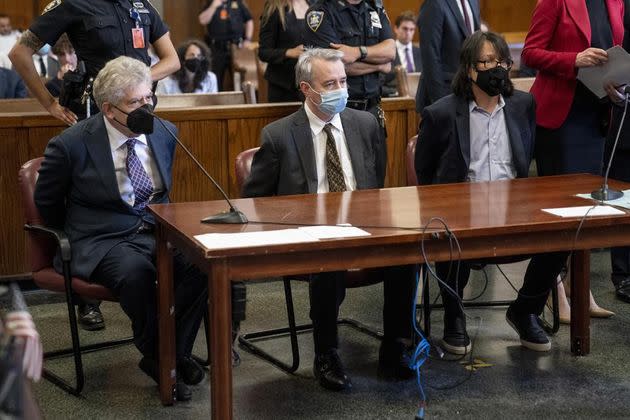 From left, Glenn Horowitz, Craig Inciardi, and Edward Kosinski appear in criminal court after being indicted for conspiracy involving handwritten notes from the famous Eagles album 