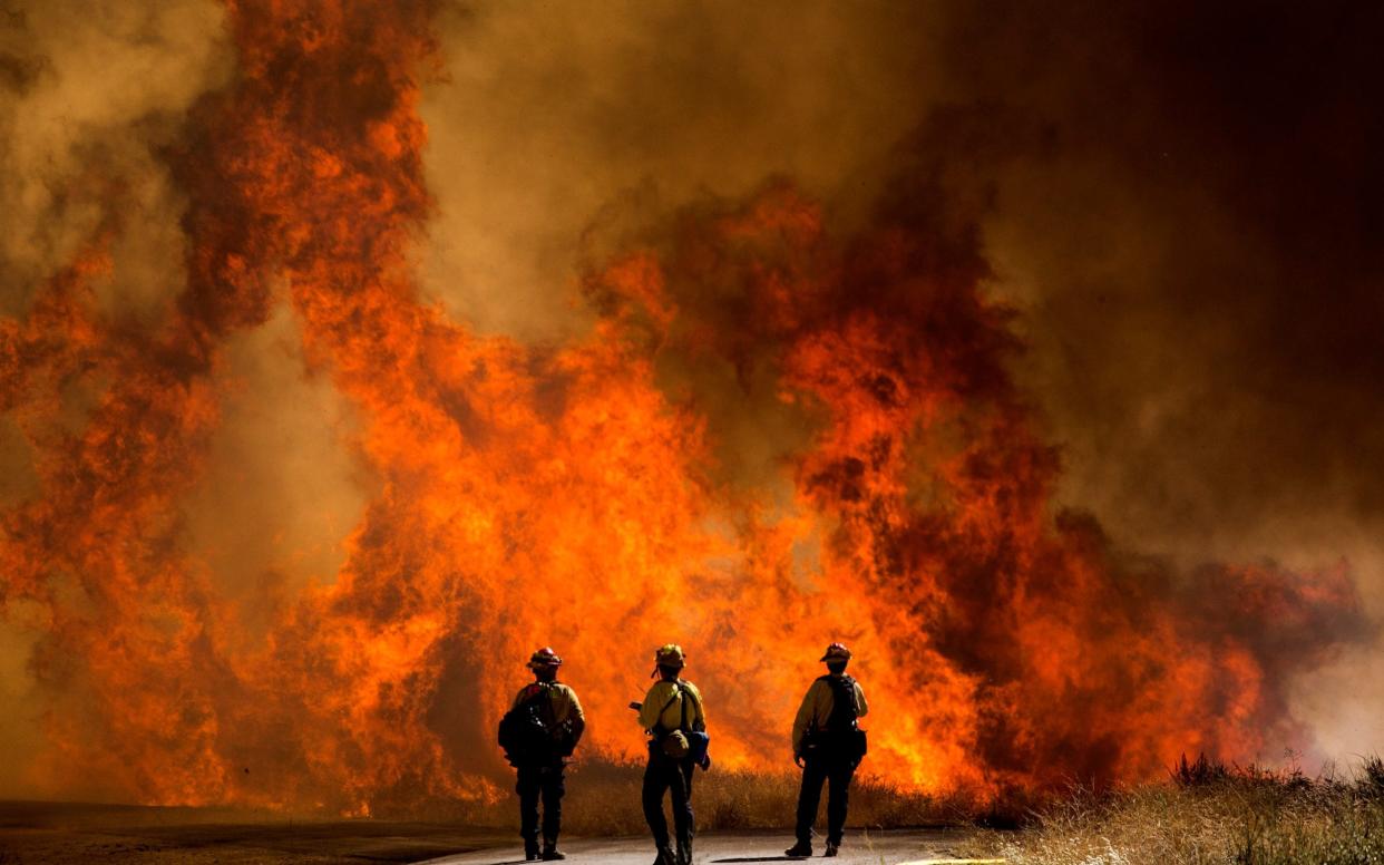 Firefighters watch as flames flare at the Apple Fire in Cherry Valley, California - AP Photo/Ringo H.W. Chiu