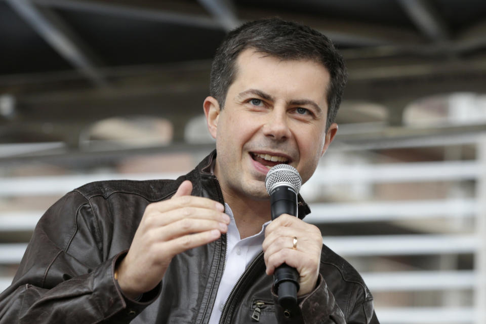 FILE - In this Nov. 1, 2019, file photo, Democratic presidential candidate and South Bend Mayor Pete Buttigieg addresses supporters during a rally in Des Moines, Iowa. (AP Photo/Nati Harnik, File)