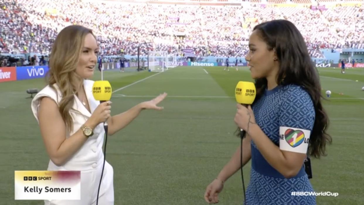 Alex Scott sported a One Love armband while presenting coverage of England's first game, in defiance of the ban under threat of a yellow card for team captains planning to wear it (BBC Sport)