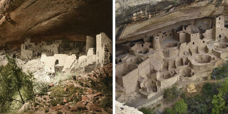 A side by side comparison of Cliff Palace, Mesa Verde, Colorado, when it was discovered and when it was restored.