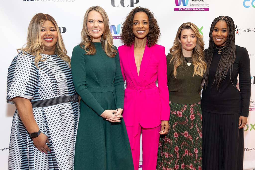  At The WICT Network’s 28th annual LEA Awards luncheon in Beverly Hills (l. to r.): honorees Kia Painter, Cox Communications, and Wendy McMahon, CBS News & Stations; host Nischelle Turner of ‘Entertainment Tonight;’ and honorees Beatrice Springborn, UPC and Universal International Studios; and Tara Duncan, Onyx Collective. . 